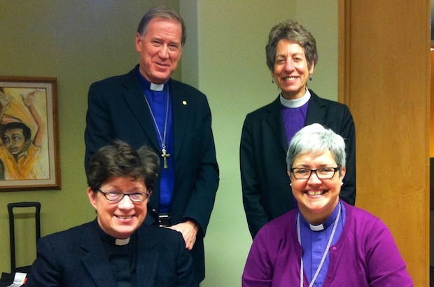 Four bishops in leadership of the Anglican Church of Canada, the Episcopal Church, the Evangelical Lutheran Church in America, and the Evangelical Lutheran Church in Canada. At the back: Archbishop Fred Hiltz and Presiding Bishop Katharine Jefferts Schori; at the front ELCA Bishop Elizabeth Seaton and ELCIC Bishop Susan Johnson