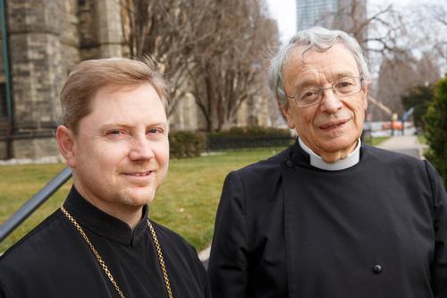 The Rev. Fr. Geoffrey Ready and the Rev. Canon David Neelands outside Trinity College, Toronto