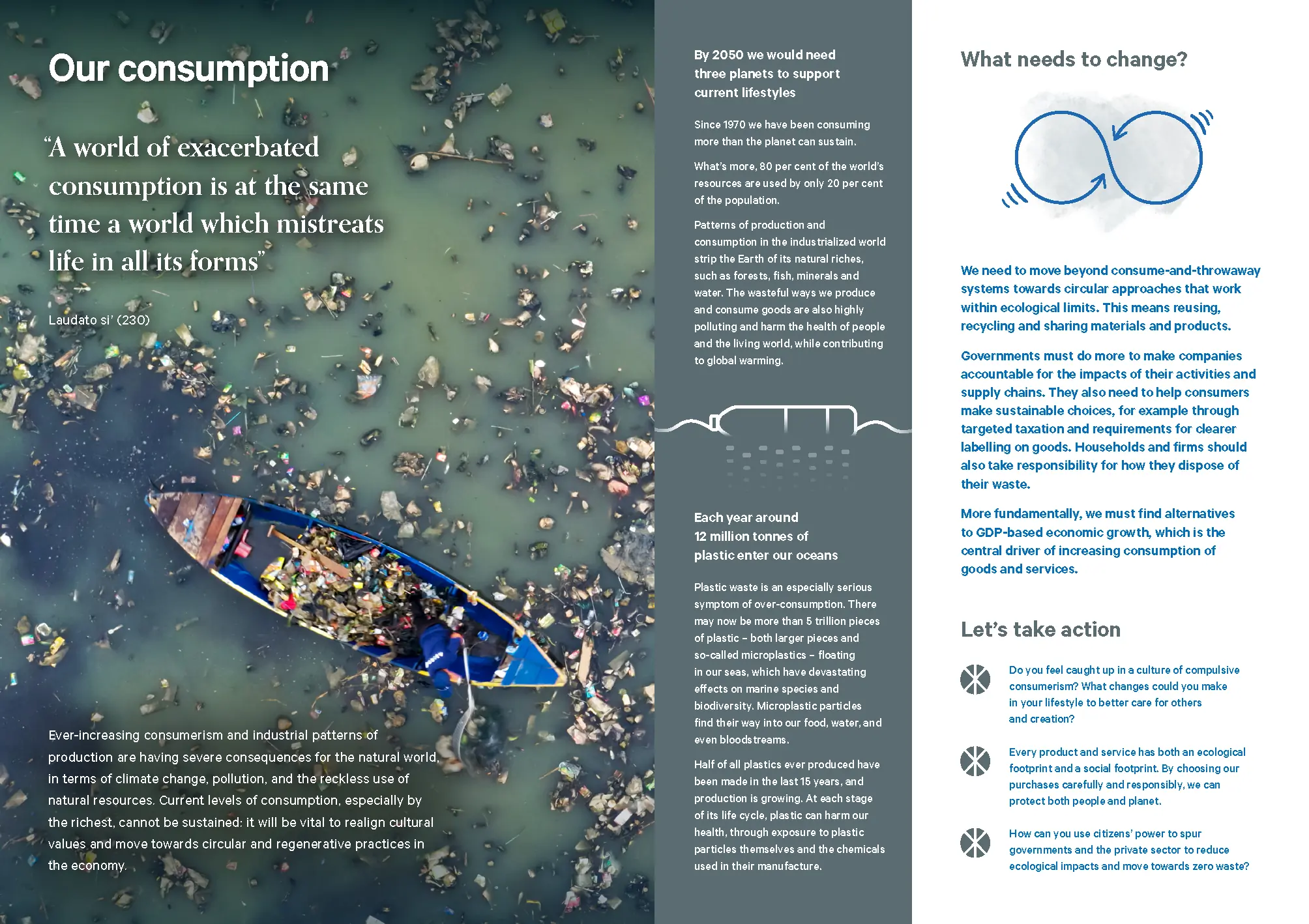 An illustrated page from a new publication by the Stockholm Environment Institute and the Vatican Dicastery for Promoting Integral Human Development. The 20-page guide, titled <i>Our Common Home: A Guide to Caring for our Living Planet</i>, connects the science of climate change, biodiversity and sustainable resource use with the messages of Pope Francis' 2015 encyclical, <i>Laudato Si', on Care for Our Common Home</i>