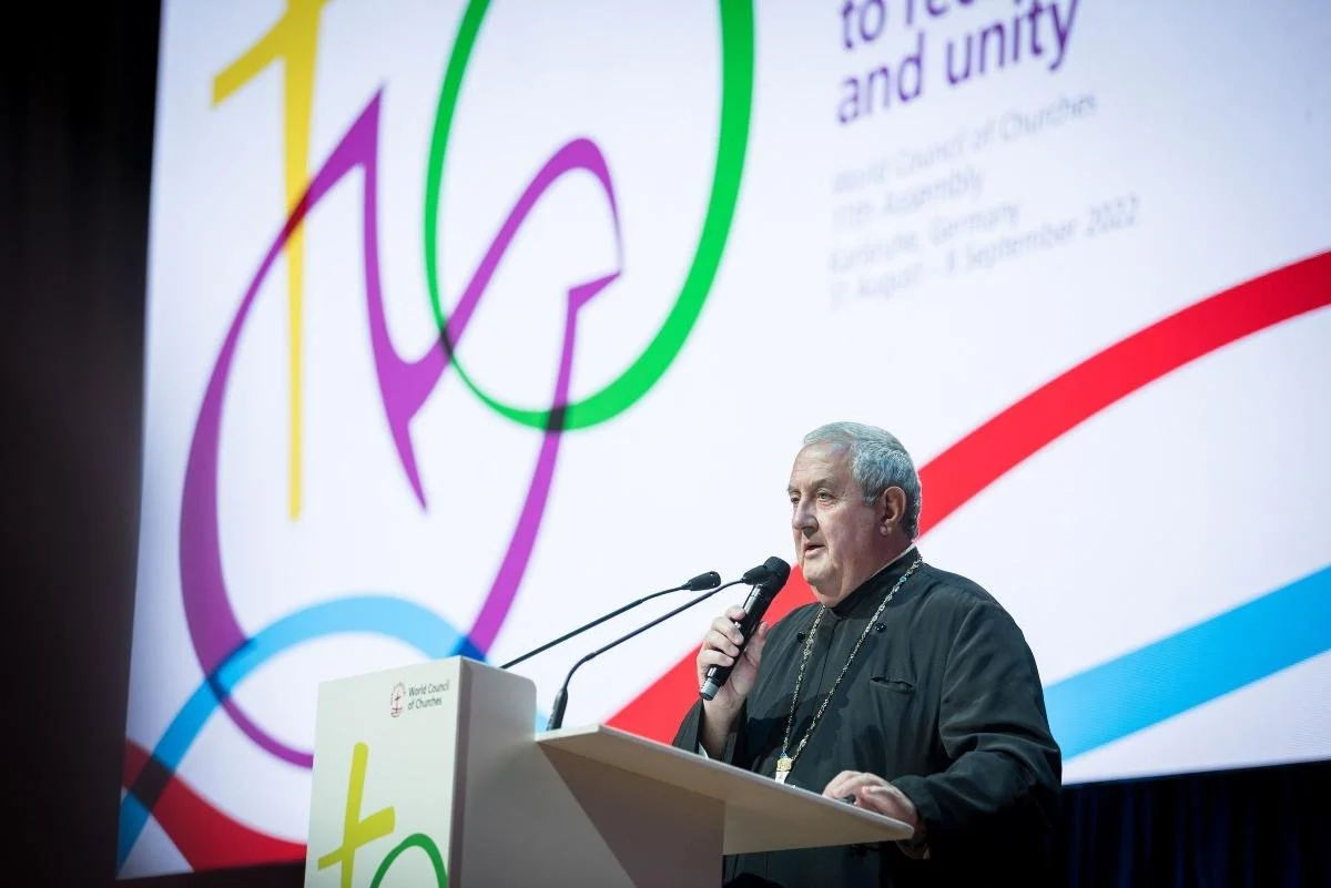 WCC acting general secretary Rev. Prof. Dr Ioan Sauca speaks in the introduction to a thematic plenary focused on Europe, at the 11th Assembly of the World Council of Churches, held in Karlsruhe, Germany from 31 August to 8 September, under the theme 'Christ's Love Moves the World to Reconciliation and Unity'