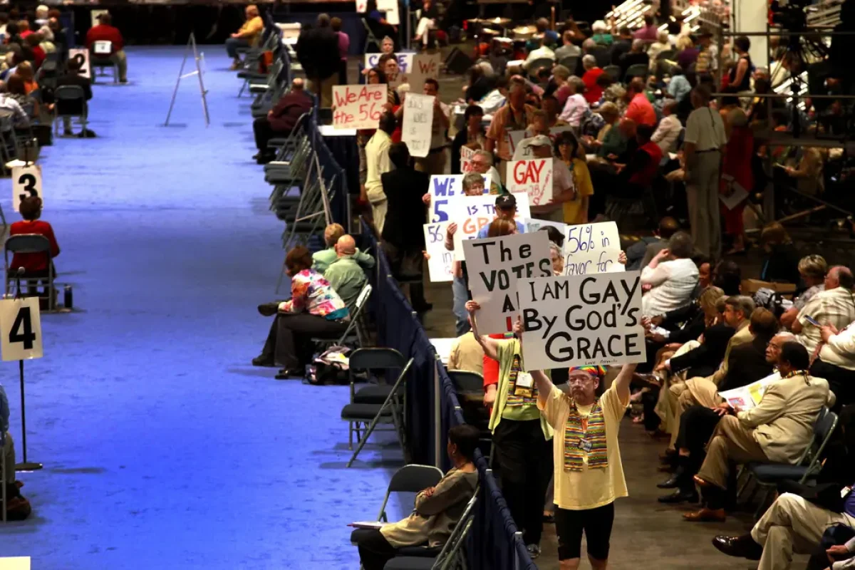 Demonstrators at the 2012 United Methodist General Conference in Tampa, Florida, silently display their desire for full inclusion in the church. An Episcopal-Methodist full communion partnership remains on hold as the United Methodist Church delays its vote on a split over full inclusion of LGBTQ+ members until 2024