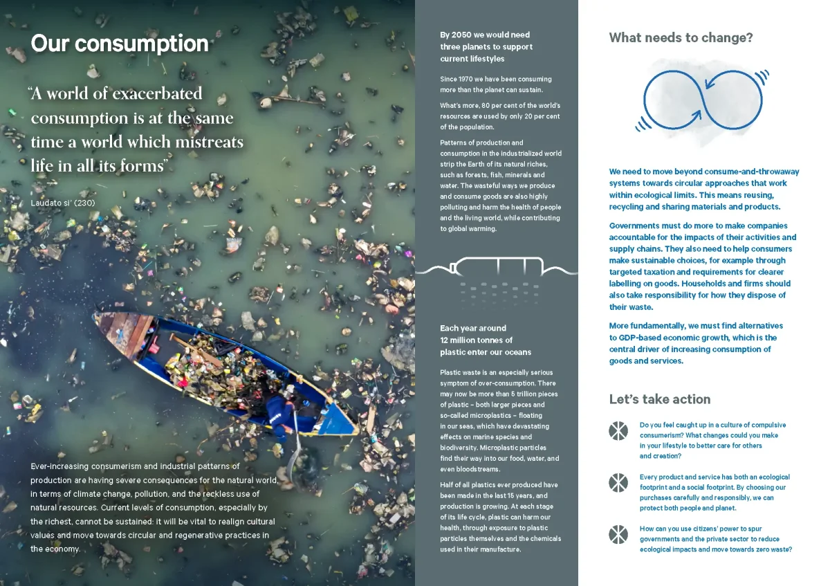 An illustrated page from a new publication by the Stockholm Environment Institute and the Vatican Dicastery for Promoting Integral Human Development. The 20-page guide, titled <i>Our Common Home: A Guide to Caring for our Living Planet</i>, connects the science of climate change, biodiversity and sustainable resource use with the messages of Pope Francis' 2015 encyclical, <i>Laudato Si', on Care for Our Common Home</i>