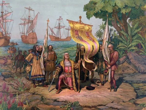 A painting 'Columbus taking possession of the new country' by American artist Louis Prang (1893)