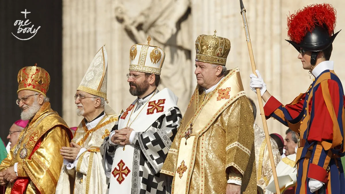 Prelates attend a Mass in St. Peter's Square on October 11, 2012, to mark the 50th anniversary of the opening of the Second Vatican Council. Pictured from left are Melkite Patriarch Gregoire III Laham, Armenian Patriarch Nerses Dedros XIX Tarmouni, Ukrainian Major Archbishop Sviatoslav Shevchuk, and Byzantine Archbishop Jan Babjak of Presov