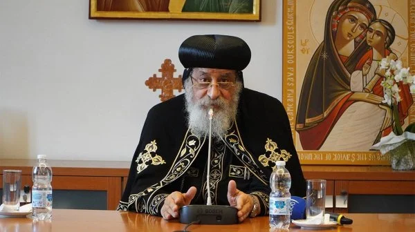 Coptic Pope Tawadros II speaks to journalists during a news conference at the Vatican's Dicastery for Promoting Christian Unity