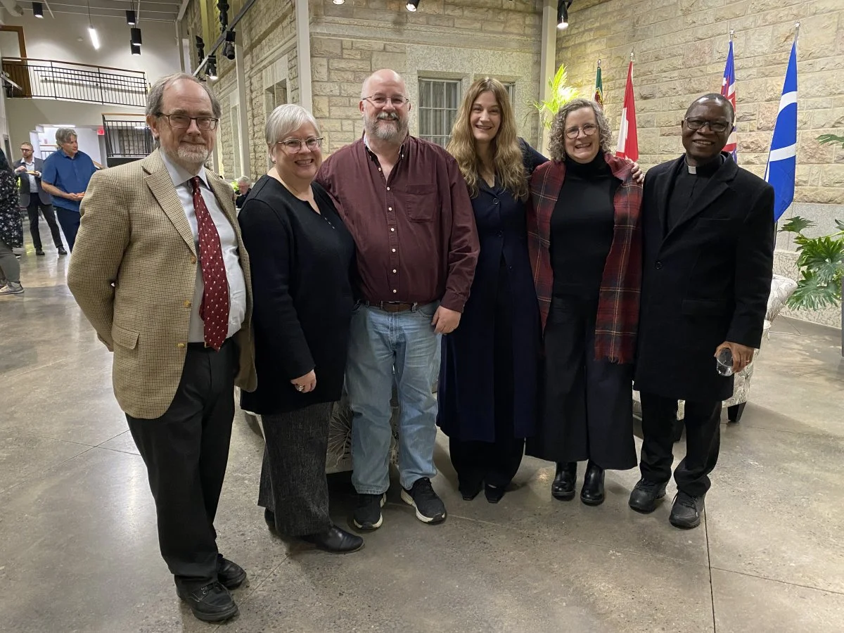 De Margerie Lecture planning team with Rev Dr Karen Petersen Finch following the second lecture. Rev Dr Iain Luke, Saskatoon Theological Union, Dr Gertrude Rompré, St Thomas More College, Nicholas Jesson, Roman Catholic Archdiocese of Regina, Rev Dr Karen Petersen Finch, 2024 De Margerie Lecturer, Cathryn Wood, Prairie Centre for Ecumenism, and Fr Joseph Salihu, Roman Catholic Diocese of Saskatoon. Missing from the photo is Kelly Burke, Campus Minister from Campion College, Regina