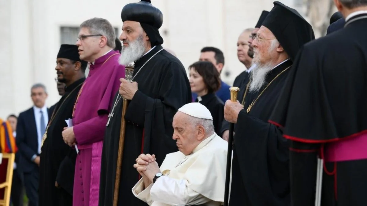 Church leaders gathered together with Pope Francis in St. Peter's Square for an ecumenical prayer service titled 'Together: Gathering of the People of God'. The prayer service occurred the day before the beginning of the 1st Session of the XVI Ordinary General Assembly of the Synod of Bishops