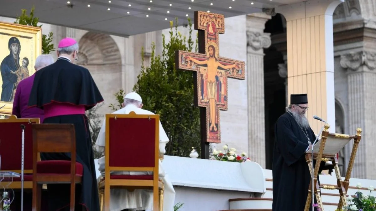 Church leaders gathered together with Pope Francis in St. Peter's Square for an ecumenical prayer service titled 'Together: Gathering of the People of God'. The prayer service occurred the day before the beginning of the 1st Session of the XVI Ordinary General Assembly of the Synod of Bishops