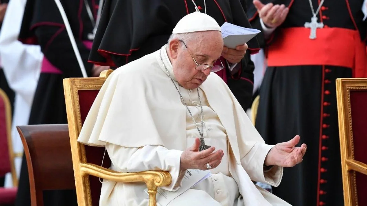 Pope Francis at an ecumenical prayer service in St. Peter's Square titled 'Together: Gathering of the People of God'. The prayer service occurred the day before the beginning of the 1st Session of the XVI Ordinary General Assembly of the Synod of Bishops