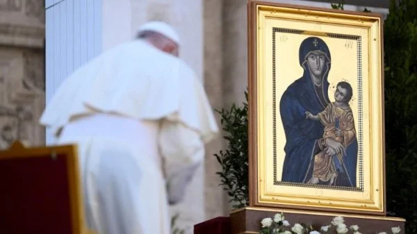 Pope Francis at an ecumenical prayer service in St. Peter's Square titled 'Together: Gathering of the People of God'. The prayer service occurred the day before the beginning of the 1st Session of the XVI Ordinary General Assembly of the Synod of Bishops