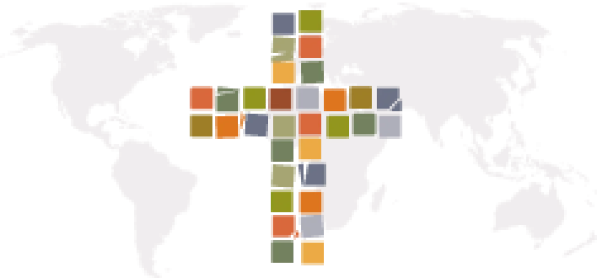 The Global Christian Forum logo: The colours of the design are reflective of the ancient eras of the church. The chipped, or broken and slightly different shaped tiles remind us that we come as 'chipped' and 'broken' communities. But together - through the cross of Christ - we have our place. We belong together. The cross, put over an image of the globe, tells our story. The GCF has its roots in the cross of Christ known in history, but is present and alive in the contemporary world. Like any mosaic, there is a unity and diversity in that each tile is individual, but belongs to the whole. In this design of the mosaic cross, we have our own hues and shapes, but together, we show that we belong to the other as we continue the search for unity in Christ