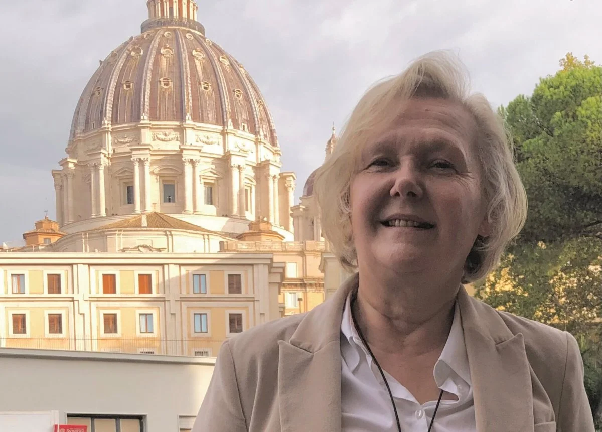 Anne-Cathy Graber, with St. Peter’s Basilica at the Vatican in the background. Graber was a fraternal delegate at the 2024 Synod of Bishops representing the Mennonite World Conference