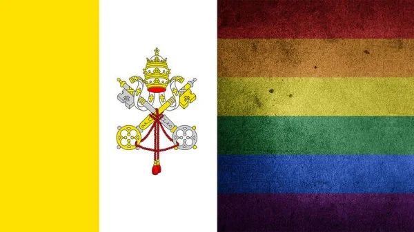 The Vatican City flag, left, and a pride flag
