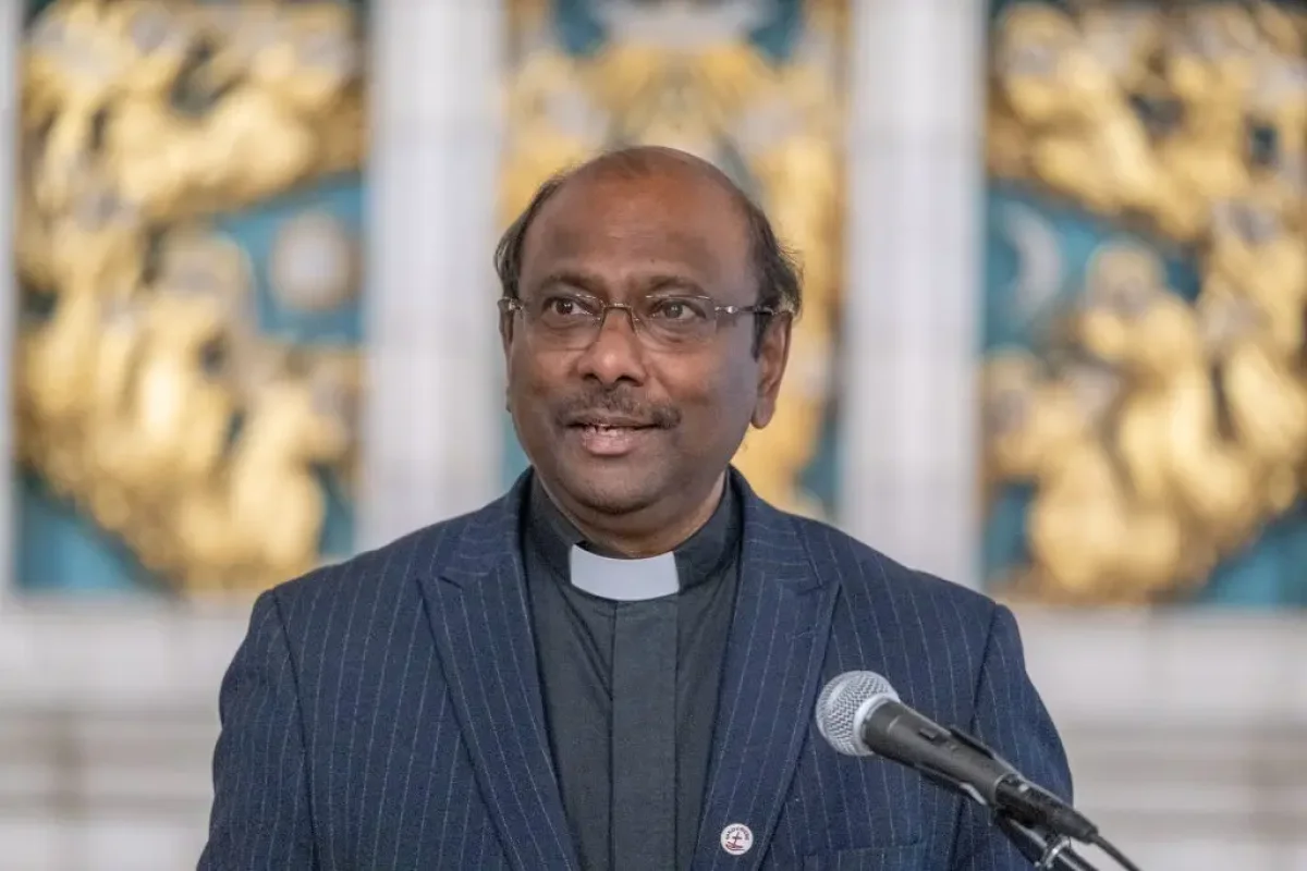 Rev. Dr. Prof. Jerry Pillay, General Secretary of the World Council of Churches, addresses guests at Trinity College Chapel in Toronto during a celebration of the 80th anniversary of the Canadian Council of Churches
