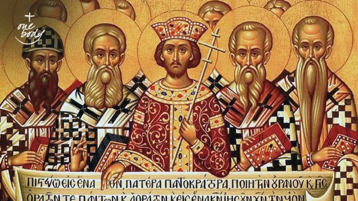 Icon of the Council of Nicaea. The text in the large scroll is the beginning of the Nicene Creed in Greek