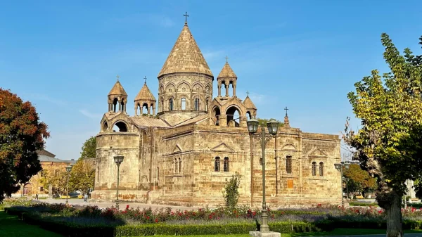 Etchmiadzin Cathedral is the mother church of the Armenian Apostolic Church, located in the city dually known as Etchmiadzin and Vagharshapat, Armenia. It is usually considered the first cathedral built in ancient Armenia, and often regarded as the oldest cathedral in the world