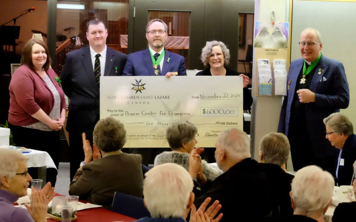 Alberta representatives of the Order of Saint Lazarus, which has been a supporter of the Prairie Centre for Ecumenism since its beginnings, presented a $6,000 donation during the 40th anniversary celebration: (left to right) Audra Bell, John Wojcik, Julien Hammond, Cathryn Wood, and Rev. Eric Dyck