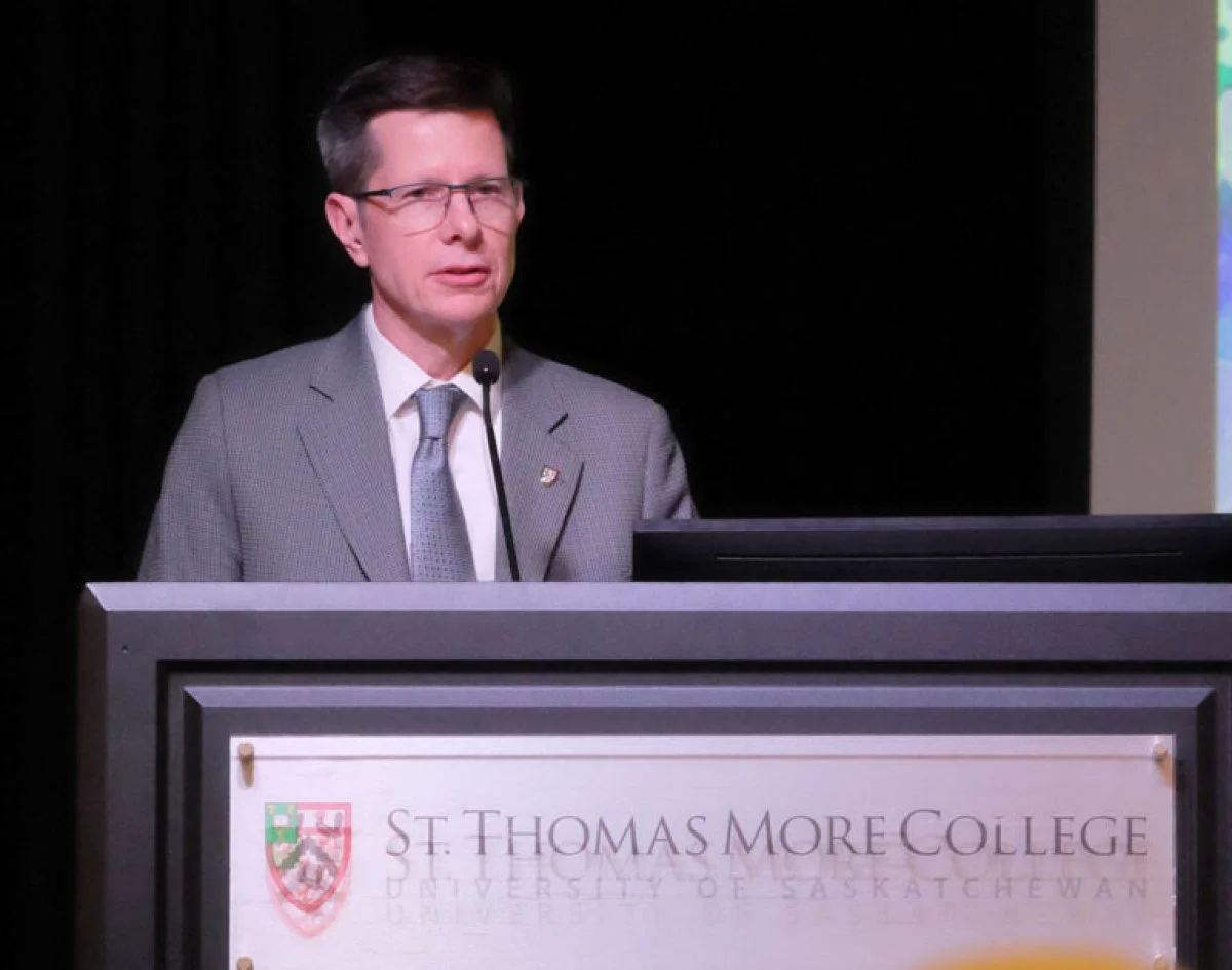 Dr. Carl Still, President of St. Thomas More College, welcomed participants to the opening lecture of the 2025 De Margerie series in Saskatoon