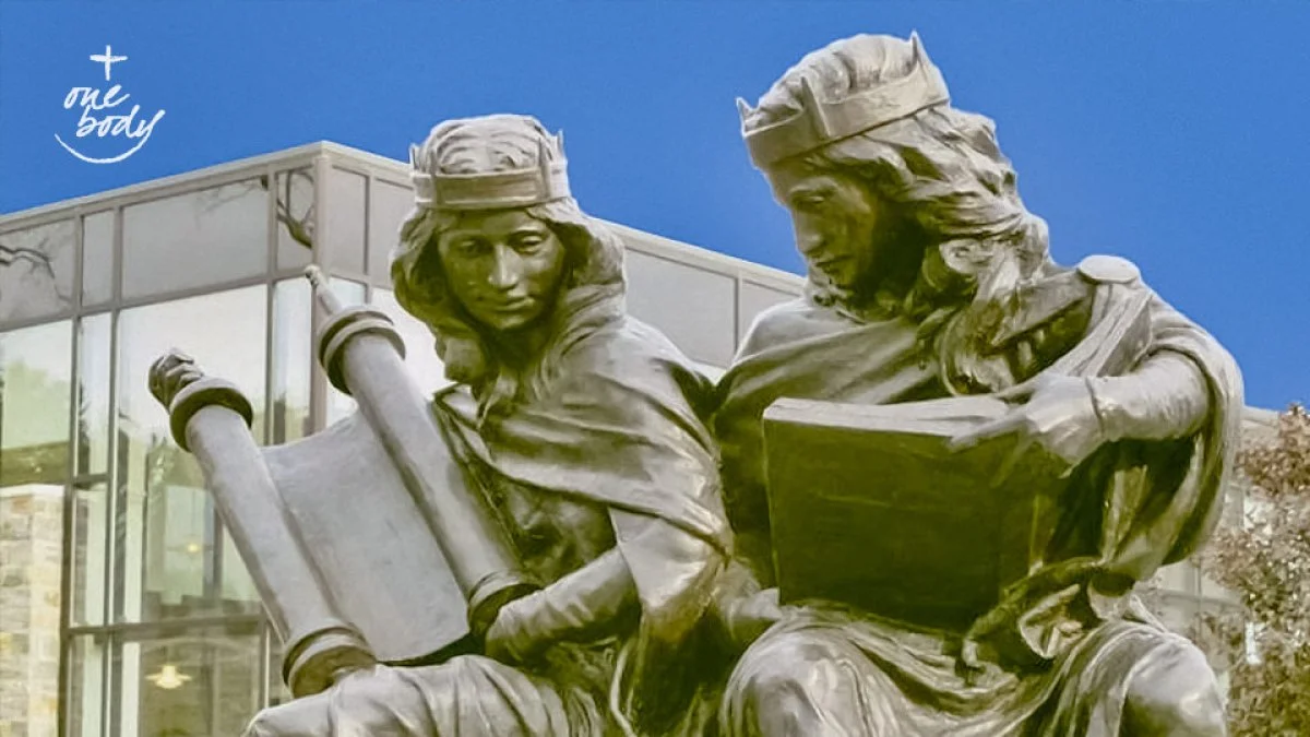 'Synagoga and Ecclesia in Our Time.' St. Joseph's University, Philadelphia. Commissioned to commemorate the 50th anniversary of Nostra Aetate, this sculpture updates traditional imagery to reflect a more fraternal relationship between Judaism and Christianity