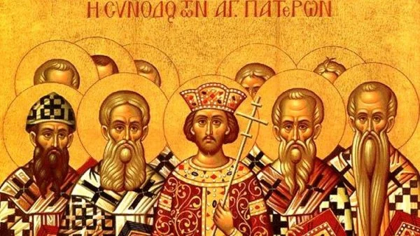 A portion of an icon depicting the Emperor Constantine and the bishops of the First Council of Nicaea (325)