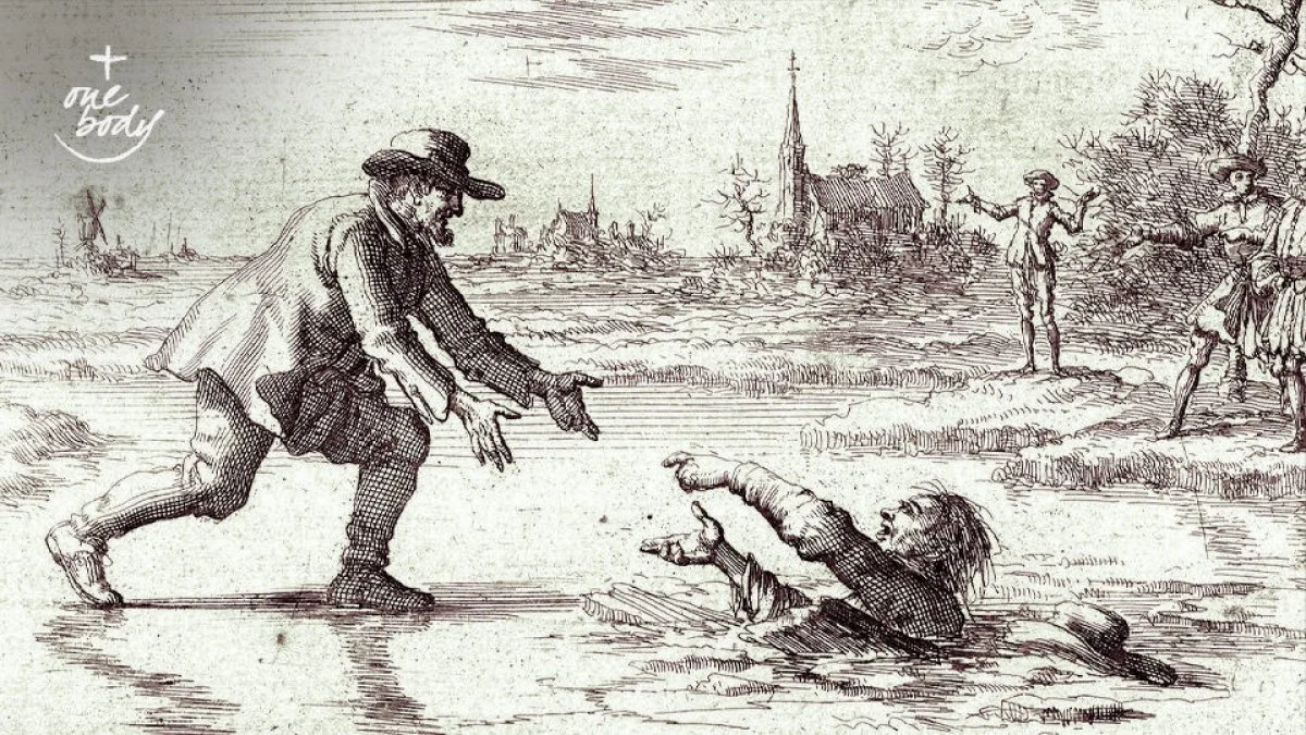 Woodcut of 16th-century Anabaptist leader and eventual martyr Dirk Willems halting his escape from prison to rescue the guard pursuing him
