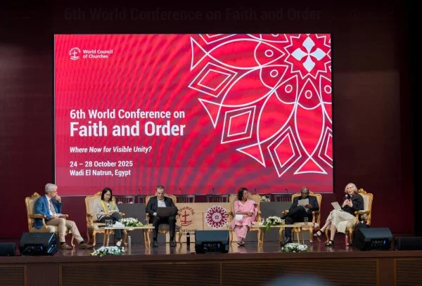 Rev. Canon Dr Charlotte Methuen (Scottish Episcopal Church) speaks during a plenary on 'Living Visible Unity' at the World Council of Churches Sixth World Conference on Faith and Order in Wadi El Natrun, Egypt, around the theme 'Where now for visible unity?'