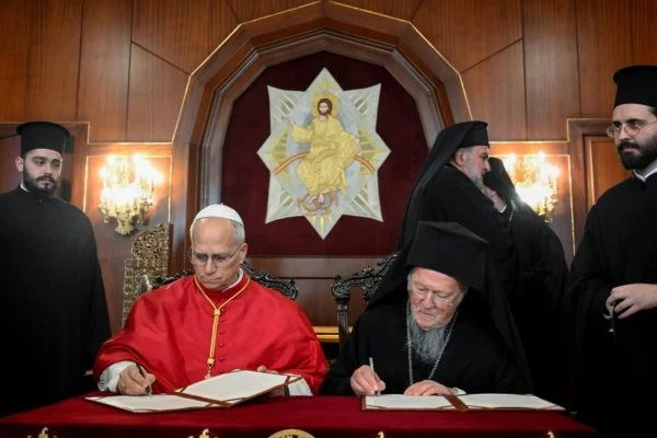 Pope Leo XIV meets with Ecumenical Patriarch Bartholomew I at the Patriarchal Palace in Istanbul to sign a Joint Declaration