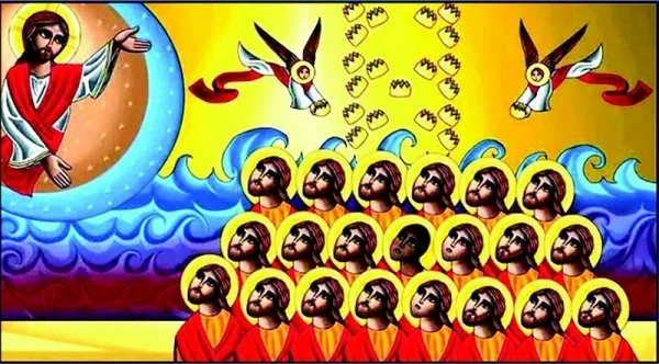An icon honouring the 21 Coptic Christian Martyrs of Libya killed by ISIS in 2015. The Christian construction workers who were killed for their faith were canonized as martyrs and saints by the Coptic Orthodox Church. In 2023, Pope Francis added these 21 martyrs to the Roman Martyrology. This ecumenical gesture, announced alongside Coptic Pope Tawadros II, highlights their shared martyrdom and sacrifice as a 'baptism of blood'