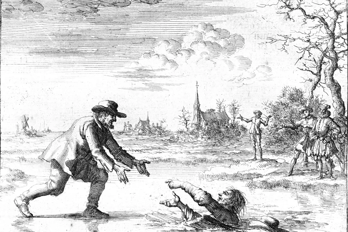 The famed drawing, once presented to Pope Benedict XVI, of 16th century Anabaptist martyr Dirk Willems rescuing his Catholic pursuer who had fallen through a thin sheet of ice. Willems was recaptured and later executed for being rebaptized