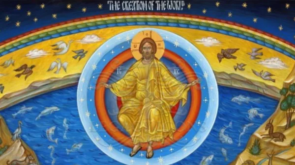 This contemporary icon titled 'The Creation of the World' was written by the Bulgarian iconographer Georgi Chimev