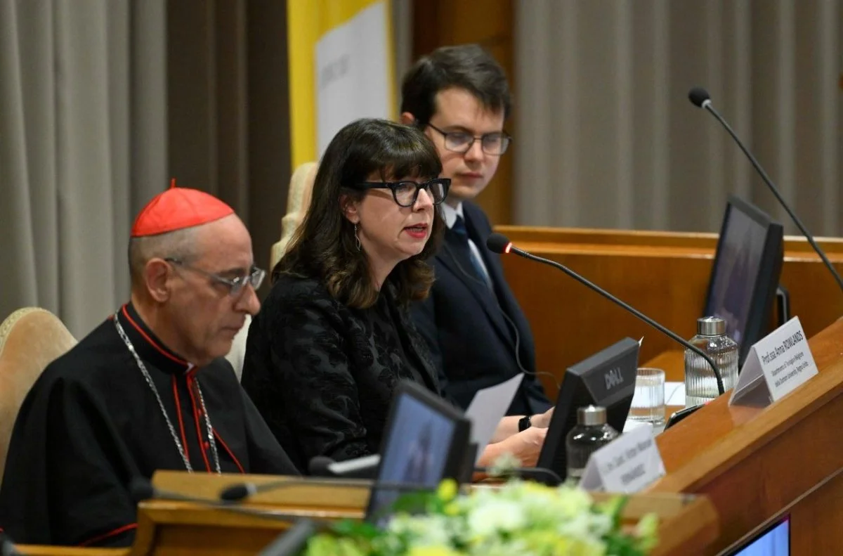 Professor Anna Rowlands of Durham University presenting on the new encyclical of Leo XIV, 'Magnifica Humanitas', during its formal release at the Vatican 