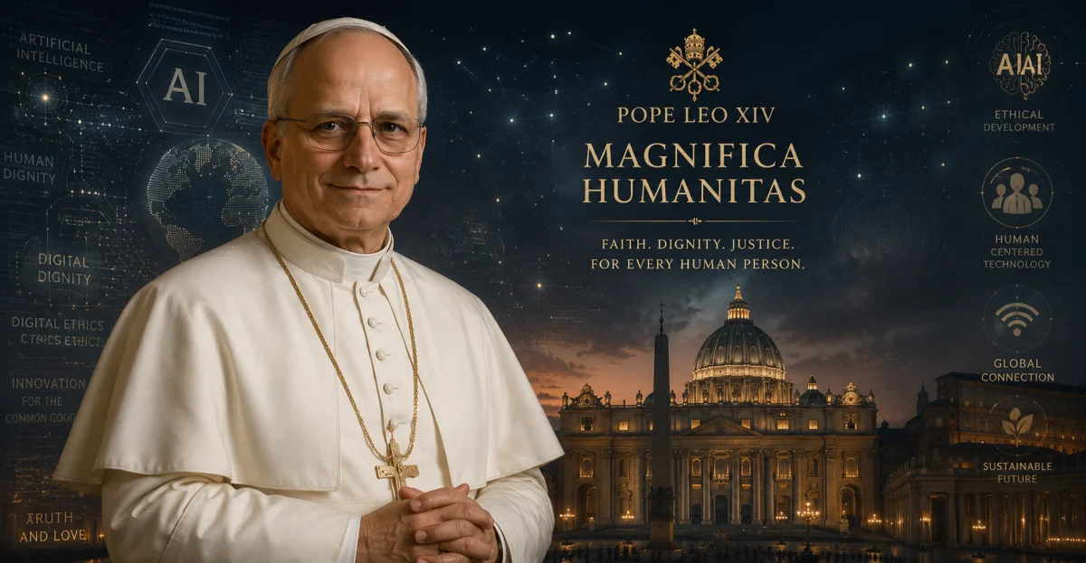 This AI-generated image depicts Pope Leo XIV with Vatican City in the background