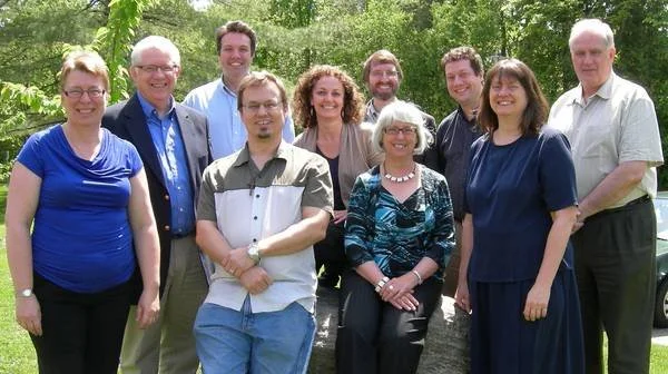 Members of the new Anglican-United dialogue pose on the grounds of St. John's Convent and Guest House in Toronto. Team members, left to right, include: the Rev. Elisabeth Jones, the Rev. Dr. Gordon Jensen (ELCIC), the Rev. Dr. Andrew O'Neill, the Rev. Stephen Silverthorne, the Rev. Dr. Sandra Beardsall, the Rev. William Harrison, Dr. Gail Allen, the Ven. Bruce Myers, the Ven. Dr. Lynne McNaughton, the Rev. Donald Koots. Missing: Ms. Lorraine Kakegamic and the Rev. Dr. Paula Sampson