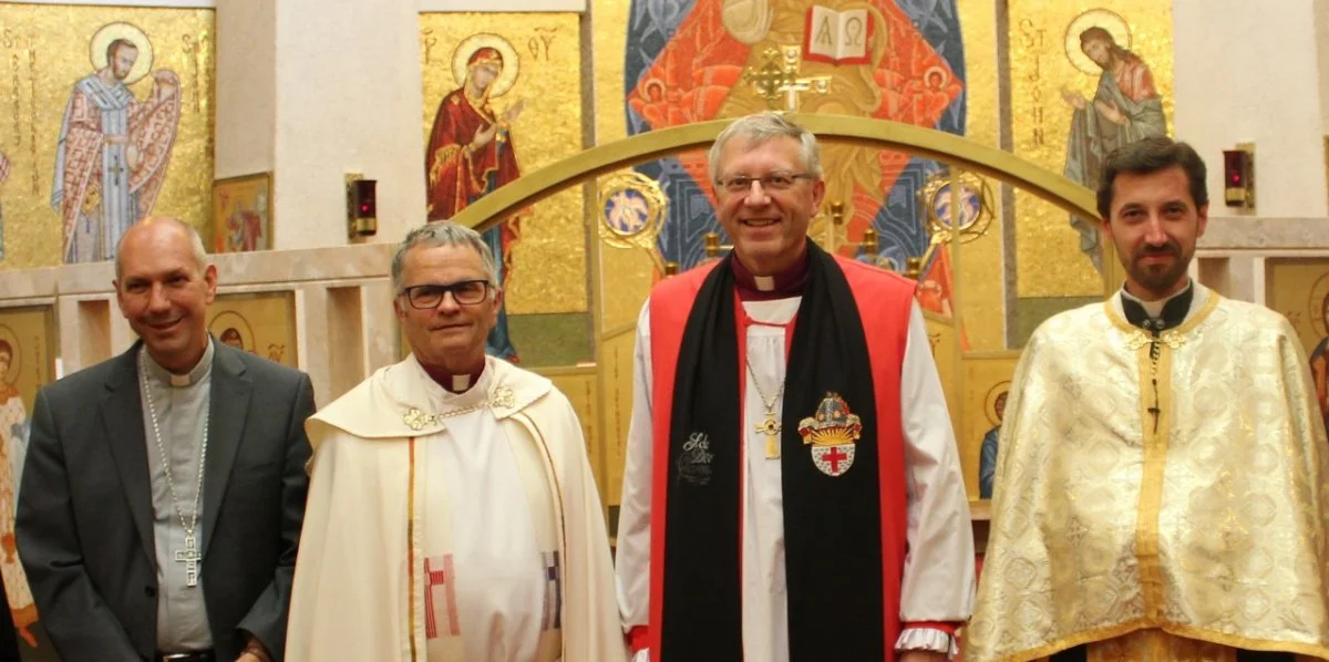 Archbishop Donald Bolen (Archdiocese of Regina), Bishop Sid Haugen (ELCIC Saskatchewan Synod), Bishop Robert Hardwick (Anglican Diocese of Qu'Appelle) and Fr. Vasyl Tymishak (St. Athanasius Ukrainian Catholic Church) after the Covenant Vespers