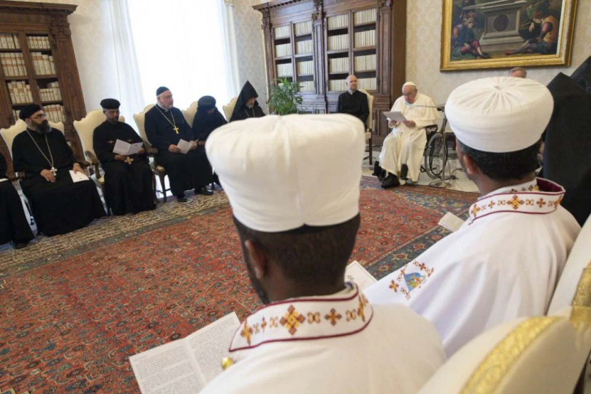 Pope Francis leads an audience with young priests and monks from Oriental Orthodox churches at the Vatican