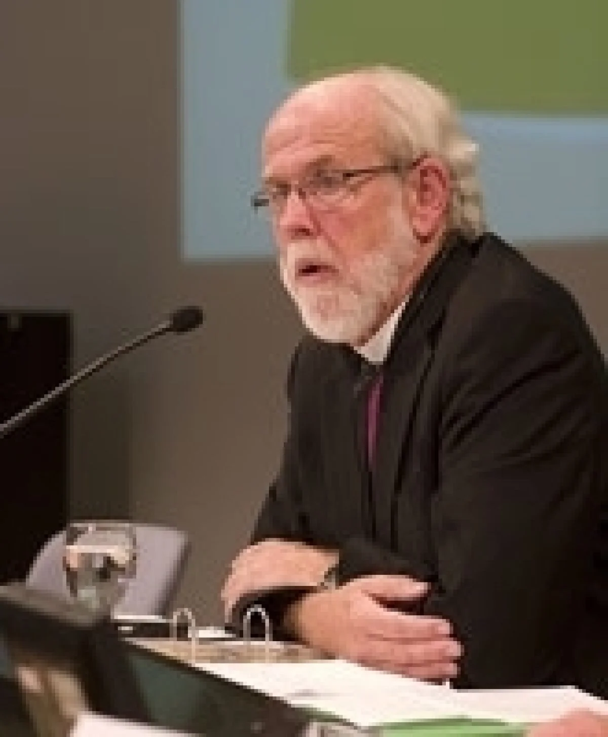 Rev. Mark S. Hanson, president of the Lutheran World Federation (LWF) and presiding bishop of the Evangelical Lutheran Church in America speaking at a news conference during the LWF Assembly