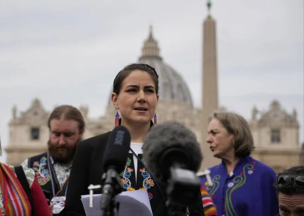 Cassidy Caron, president of the Métis National Council, speaks to reporters outside St. Peter's Basilica after meeting with Pope Francis