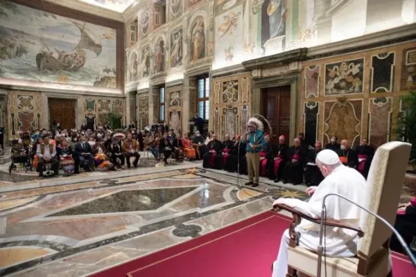 Pope Francis listening to Elder Fred Kelly during his final encounter with Indigenous delegations