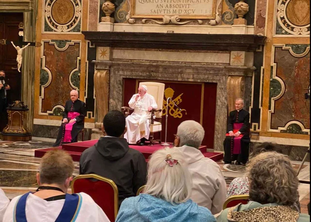 Pope Francis speaking to the Indigenous delegations. During this final encounter, the pope issued a formal apology to Indigenous peoples of Canada