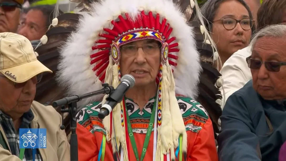 Chief Wilton Littlechild welcomes Pope Francis to Maskwacis, Alberta during his apostolic visit to Canada