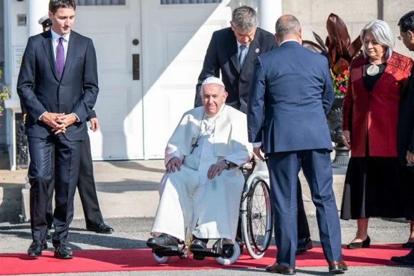 Pope Francis attends a welcoming ceremony with Canadian Prime Minister Justin Trudeau and Mary Simon, governor general of Canada, at Citadelle de Québec, the residence of the governor general, in Quebec City