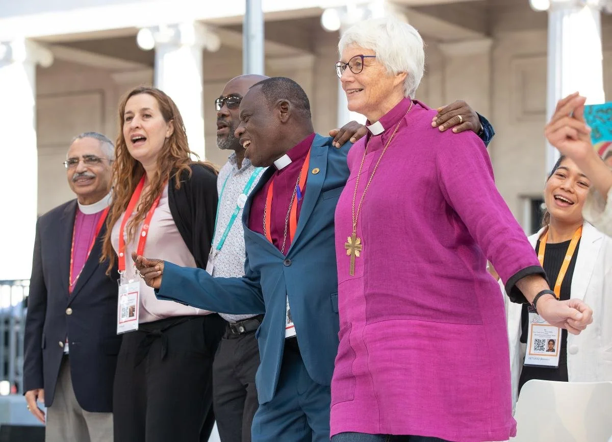 Prayer leaders dance during the morning prayer service at the World Council of Churches' 11th Assembly in Karlsruhe, Germany. The assembly takes place August 31 to September 8 under the theme 'Christ's Love Moves the World to Reconciliation and Unity'