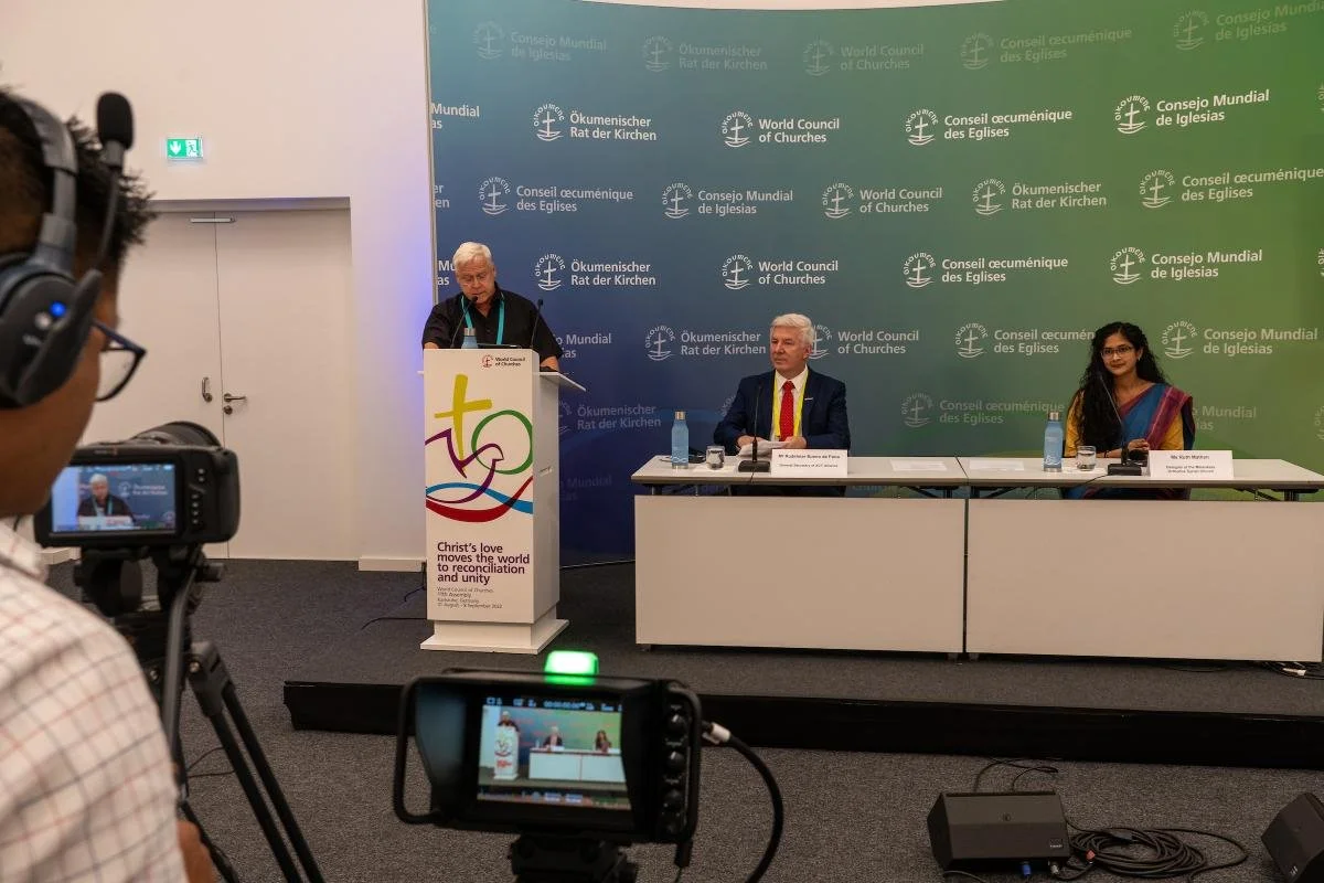 Press conference was given by Rudelmar Bueno de Faria, general secretary of ACT Alliance and a member the Evangelical Church of the Lutheran Confession in Brazil and Ruth Mathen, delegate of Malankara Orthodox Syrian Church at the 11th Assembly of the World Council of Churches, held in Karlsruhe, Germany from 31 August to 8 September, under the theme 'Christ's Love Moves the World to Reconciliation and Unity'