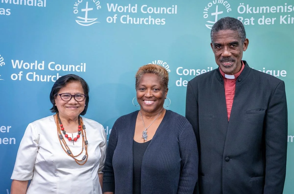 Addressing a press conference on 'Affirming Justic and Human Dignity' - Rev. Dr Henriette Hutabarat-Lebang of the Toraja Church (Indonesia), chair of the Advisory Board of the Communion of Churches in Indonesia (PGI) and newly elected World Council of Churches president for the Asia region; Rev. Dr Karen Georgia Thompson, Delegate of the United Church of Christ; Rev. Dr Gordon Cowans, Regional Coordinator for WCC EDAN Caribbean. The press conference was held during the 11th Assembly of the World Council of Churches with the theme 'Christ's Love Moves the World to Reconciliation and Unity'