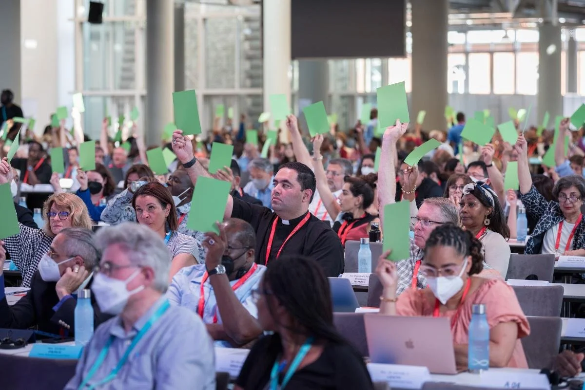 Assembly delegates vote to approve a list of new Central Committee members during a business plenary session at the 11th Assembly of the World Council of Churches, held in Karlsruhe, Germany from 31 August to 8 September, under the theme 'Christ's Love Moves the World to Reconciliation and Unity'