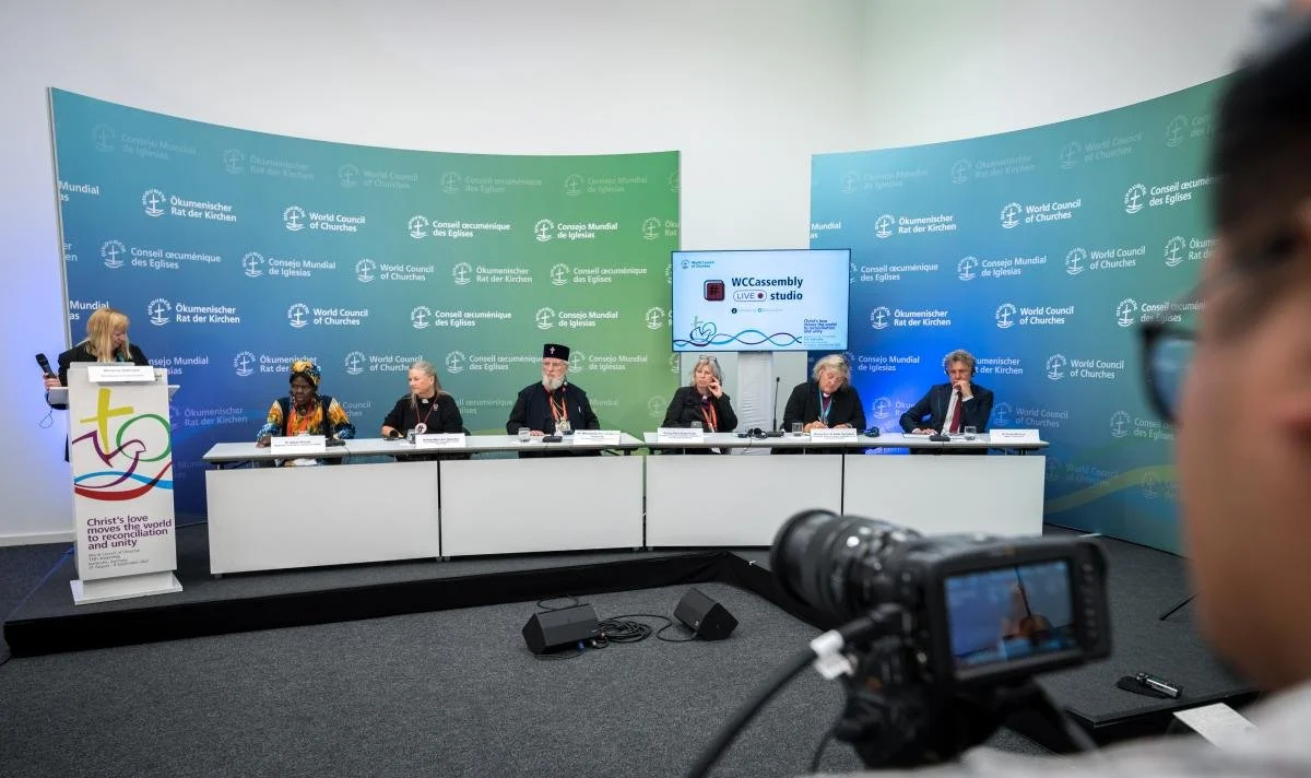Outgoing WCC central committee moderator Dr Agnes Abuom speaks at the closing press conference at the 11th Assembly of the World Council of Churches, held in Karlsruhe, Germany from 31 August to 8 September, under the theme 'Christ's Love Moves the World to Reconciliation and Unity'