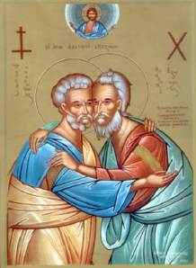 The kiss of peace: Sts Peter and Andrew. An icon written to commemorate the meeting in 1964 of Pope Paul VI and Patriarch Athenagoras in Jerusalem