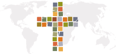 The Global Christian Forum logo: The colours of the design are reflective of the ancient eras of the church. The chipped, or broken and slightly different shaped tiles remind us that we come as 'chipped' and 'broken' communities. But together - through the cross of Christ - we have our place. We belong together. The cross, put over an image of the globe, tells our story. The GCF has its roots in the cross of Christ known in history, but is present and alive in the contemporary world. Like any mosaic, there is a unity and diversity in that each tile is individual, but belongs to the whole. In this design of the mosaic cross, we have our own hues and shapes, but together, we show that we belong to the other as we continue the search for unity in Christ