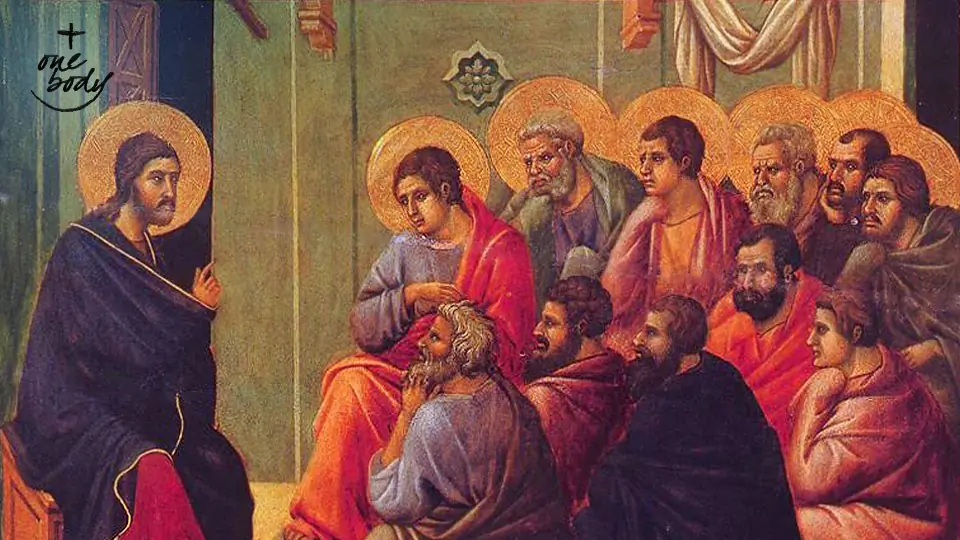 The Apostles listen to Jesus' Farewell Discourse in <i>Christ Taking Leave of the Apostles</i> by Duccio di Buoninsegna