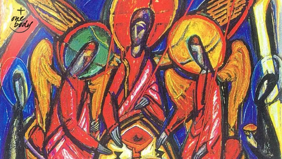 Detail of <i>Trinity in Dark Tones</i> (Genesis 18) by Alek Rapoport (1994)